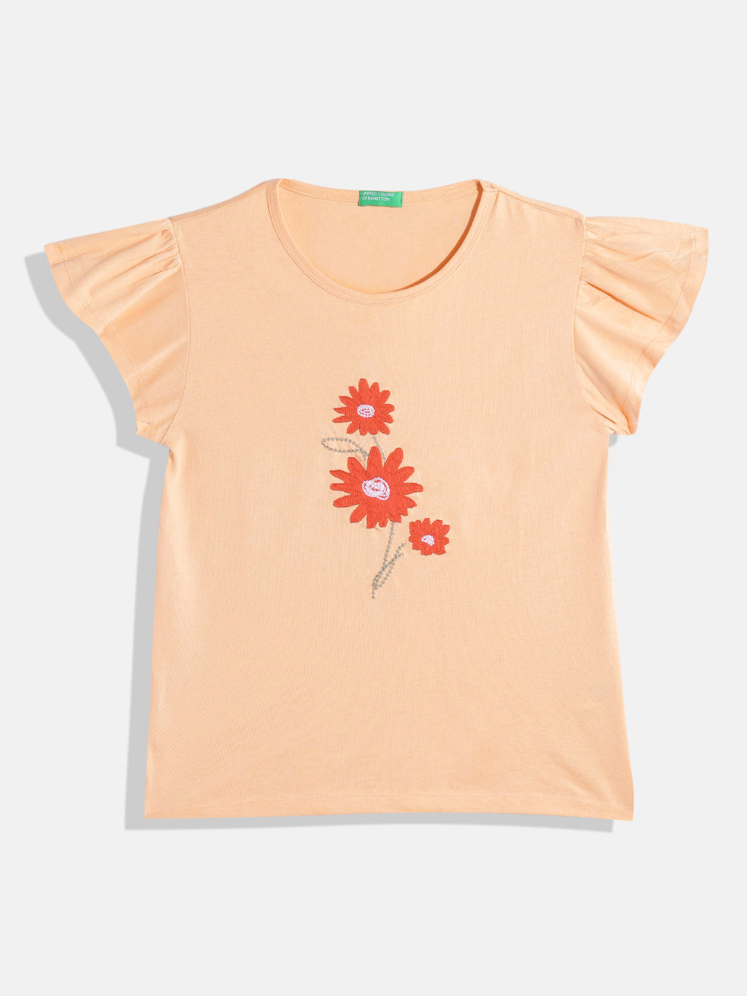 United Colors of Benetton Girls Floral Applique Flutter Sleeve Cotton Top