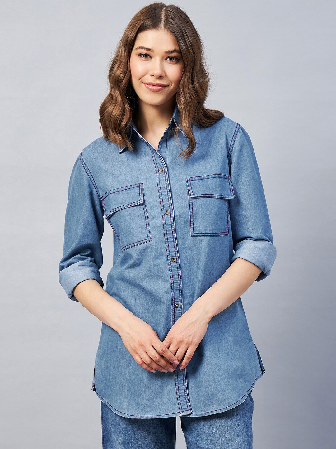 Orchid Blues Long Sleeves Contrast Stich Denim Shirt