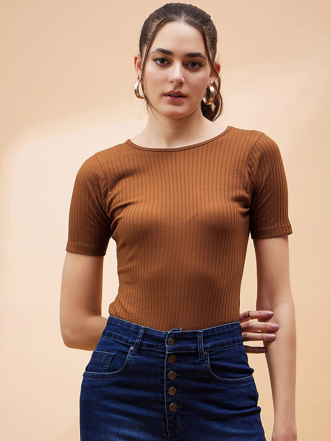 SASSAFRAS BASICS Brown Ribbed Round Neck Bodysuit