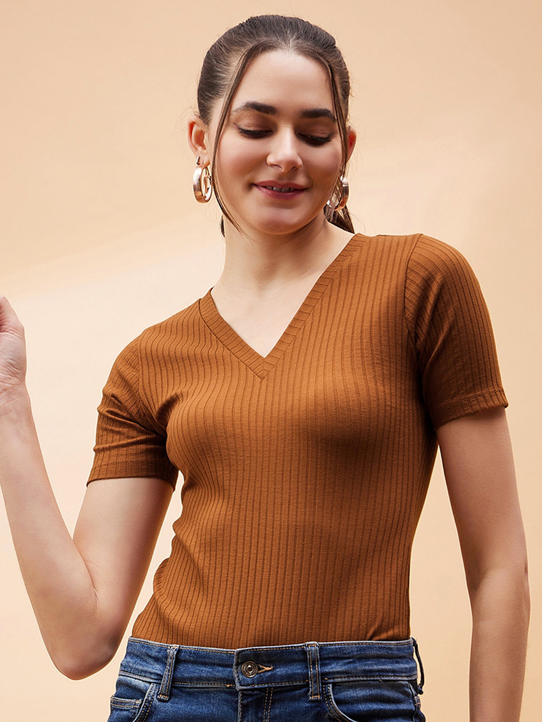 SASSAFRAS BASICS Brown Ribbed V Neck Bodysuit