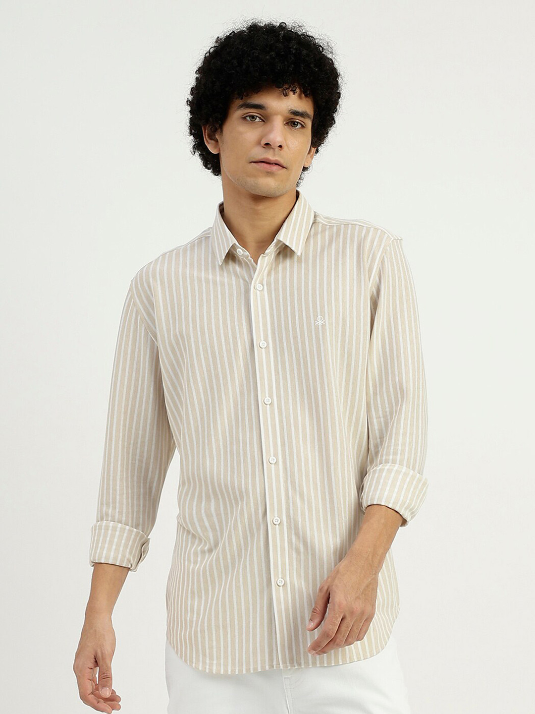 United Colors of Benetton Striped Cotton Spread Collar Curved Casual Shirt