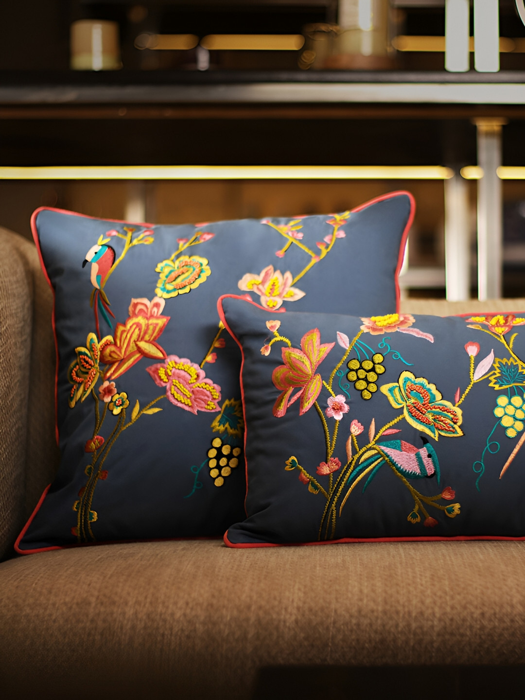 Perenne Design Blue Floral Cotton 2 Piece Embroidered Square Cushion Covers -18x18In
