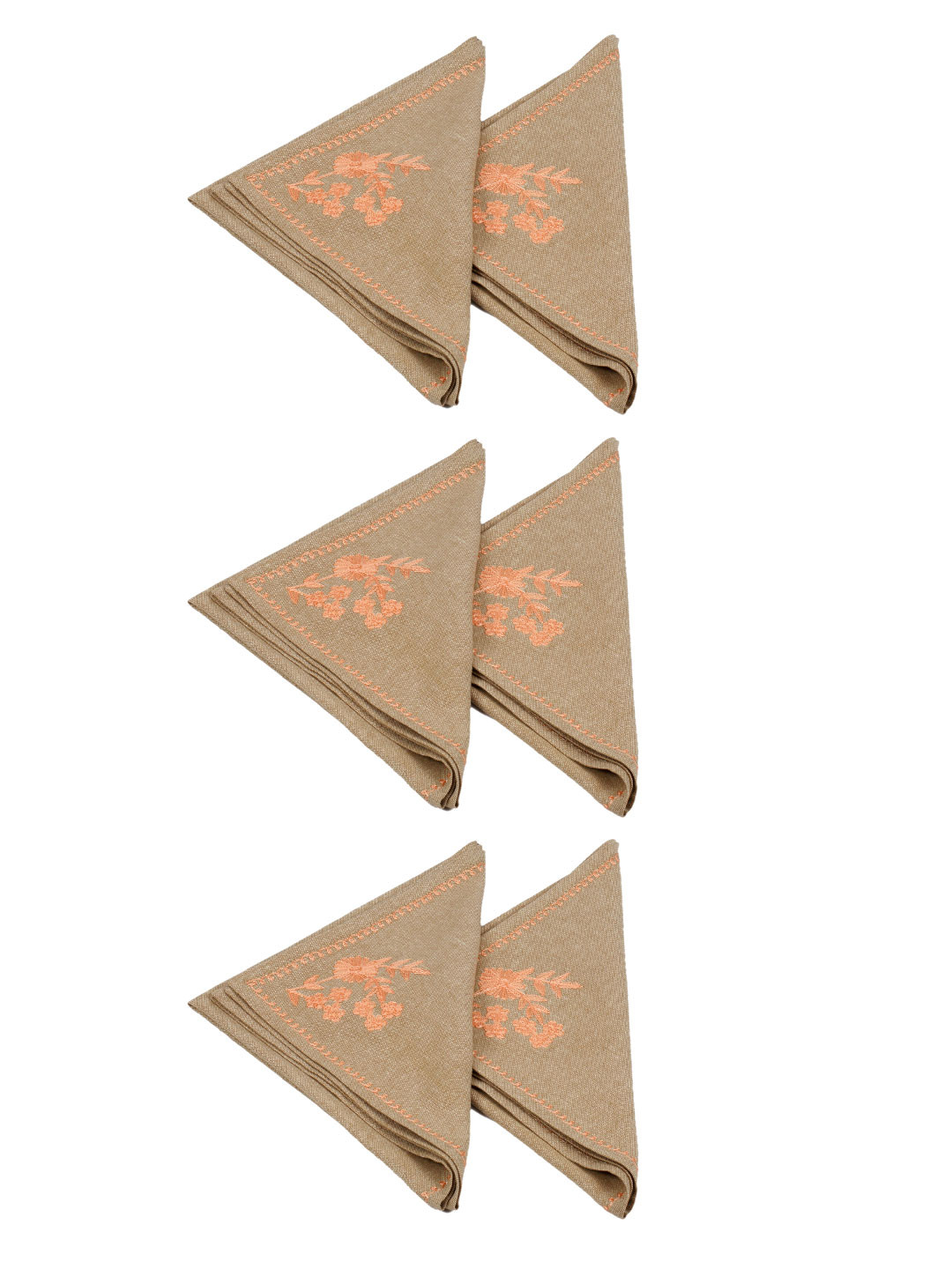 Perenne Design Beige & Orange 6 Pieces Floral Embroidered Square Silk Table Napkins