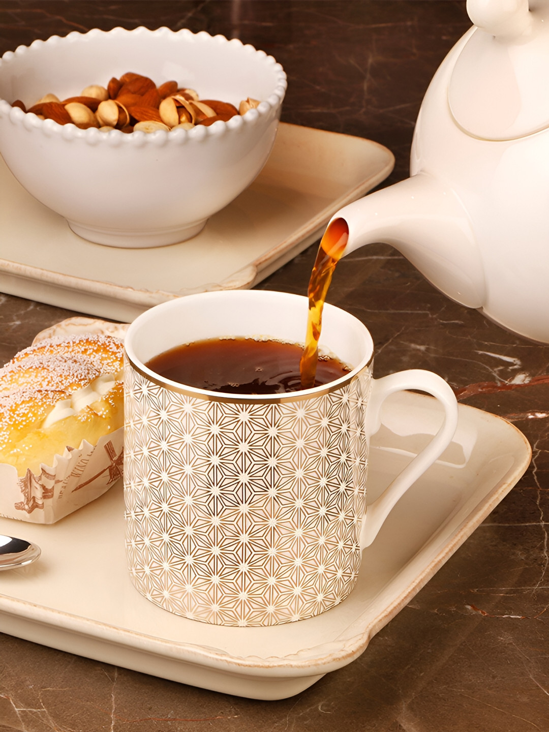 Perenne Design Madhubani Art Inspired White Floral Bone China Dishwasher Safe Mug-425ml