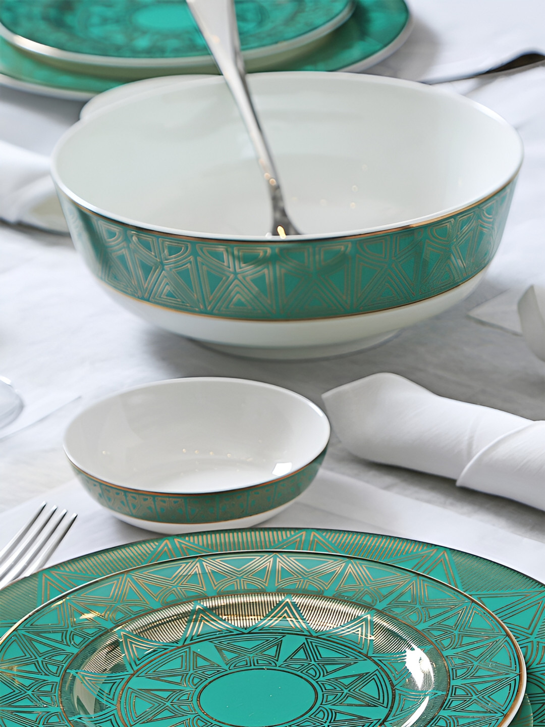 Perenne Design Green & White Geometric Printed Bone China Matte Bowl