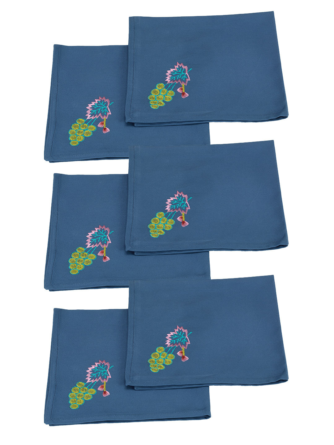 Perenne Design Blue & Green 6 Pieces Floral Embroidered Square Cotton Table Napkins