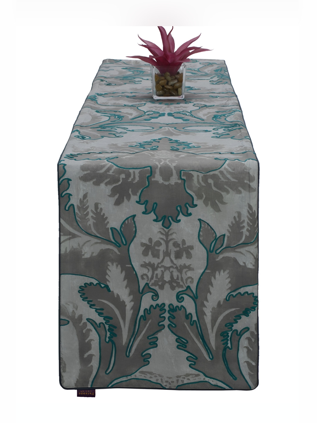 Perenne Design Grey & Green Floral Printed Rectangle Pure Cotton Table Runner
