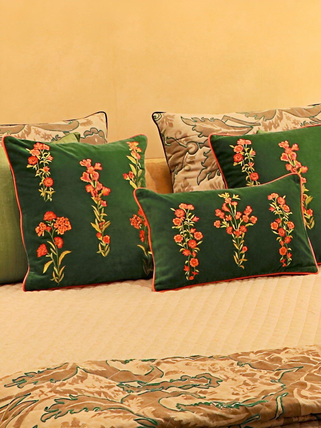Perenne Design Green & Red Floral Velvet Rectangle Cushion Covers