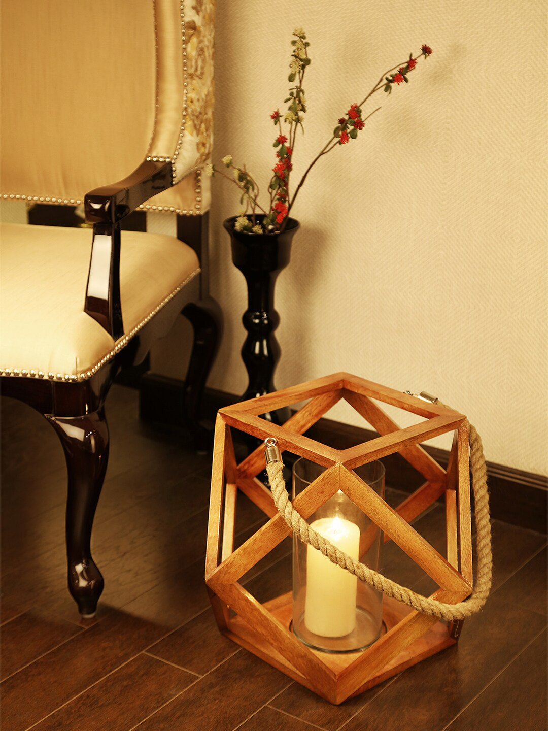 Perenne Design Brown Wooden Lantern Hurricane Candle Holder