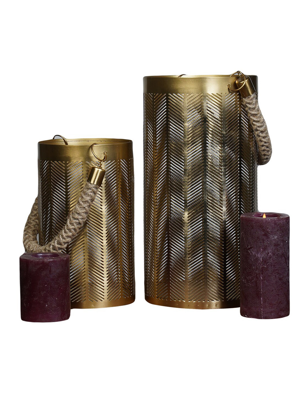 Perenne Design Gold Toned Textured Lantern Pillar Candle Holder