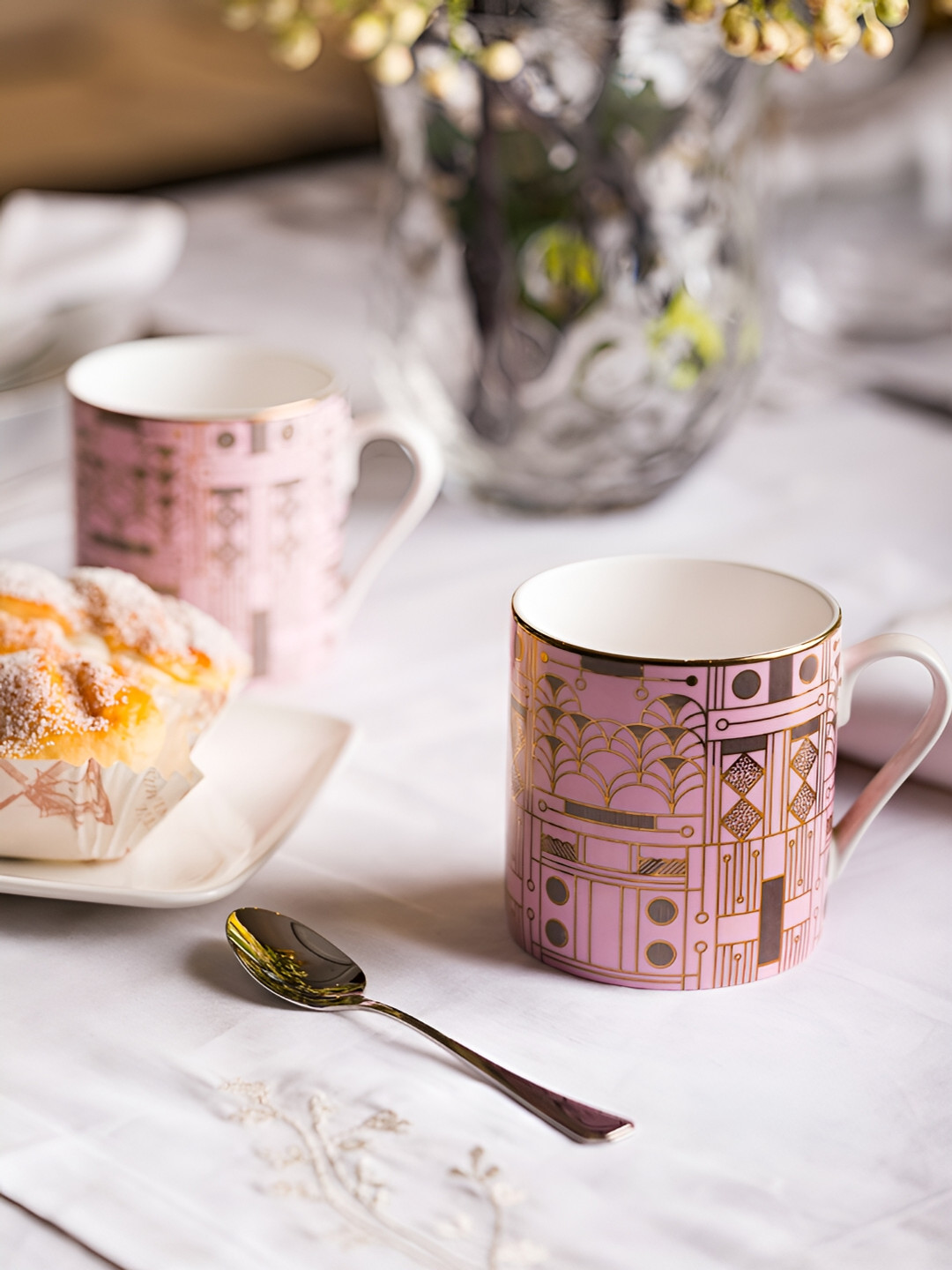 Perenne Design Pink Geometric Bone China Handmade Mug-425ml