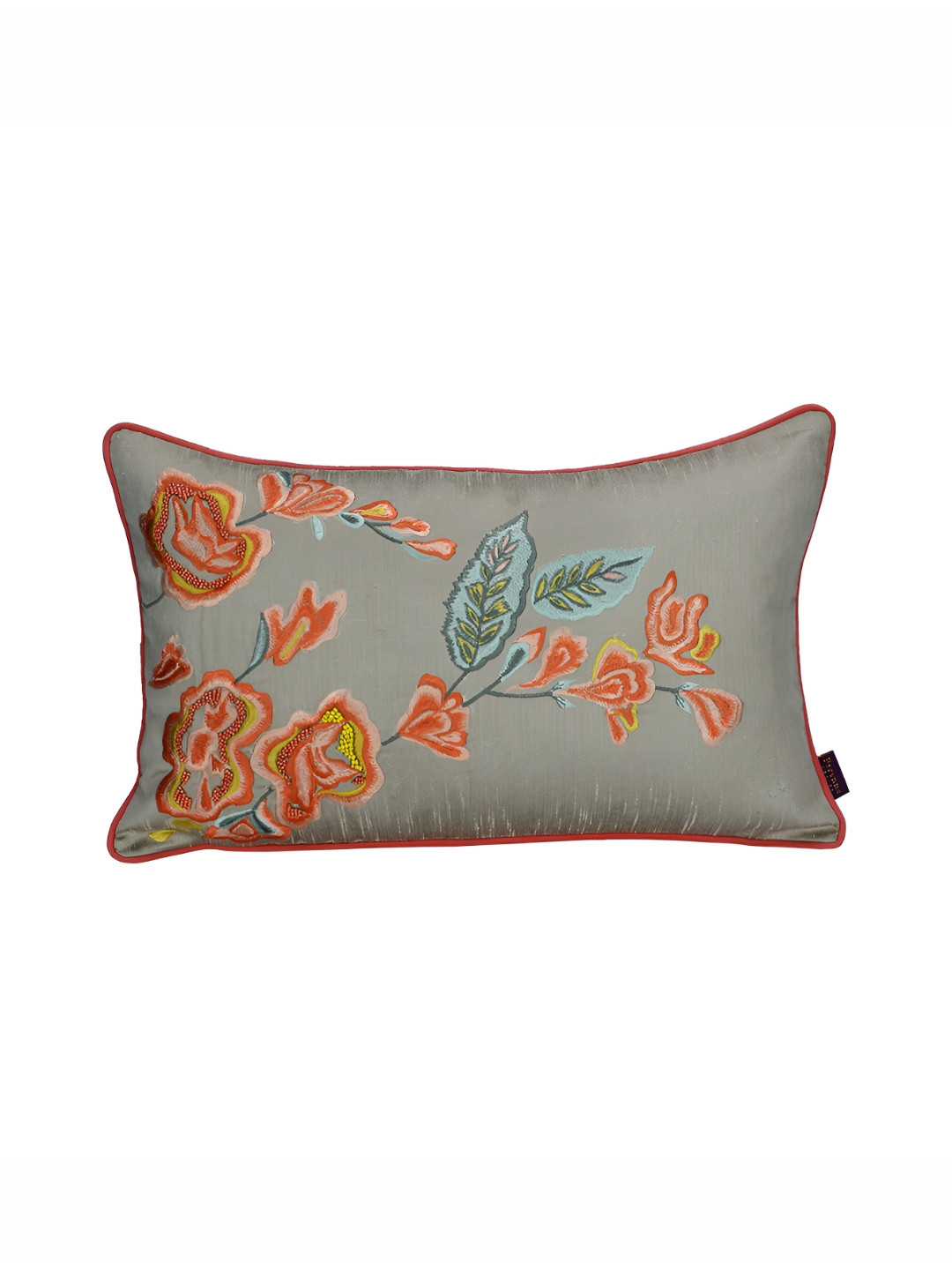 Perenne Design Beige Floral Jute Silk 2 Pcs Embroidered Rectangle Cushion Covers -12x20In