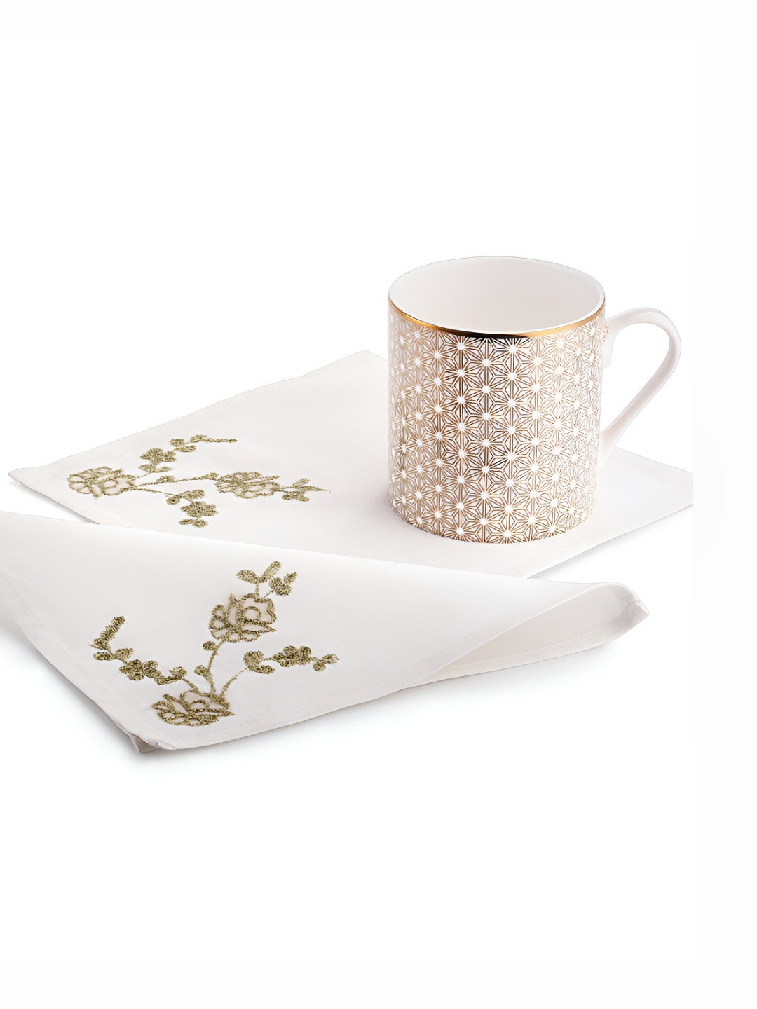 Perenne Design Anglica Off White 2 Pieces Floral Embroidered Square Cotton Tea Napkins