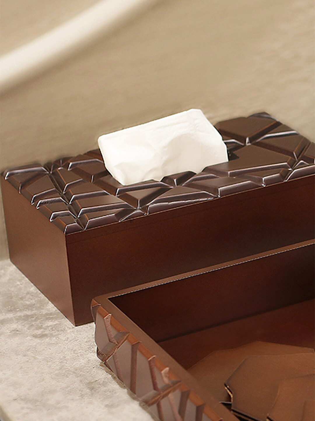 Perenne Design Coffee Brown Geometric Textured Wooded Tissue Holder Box