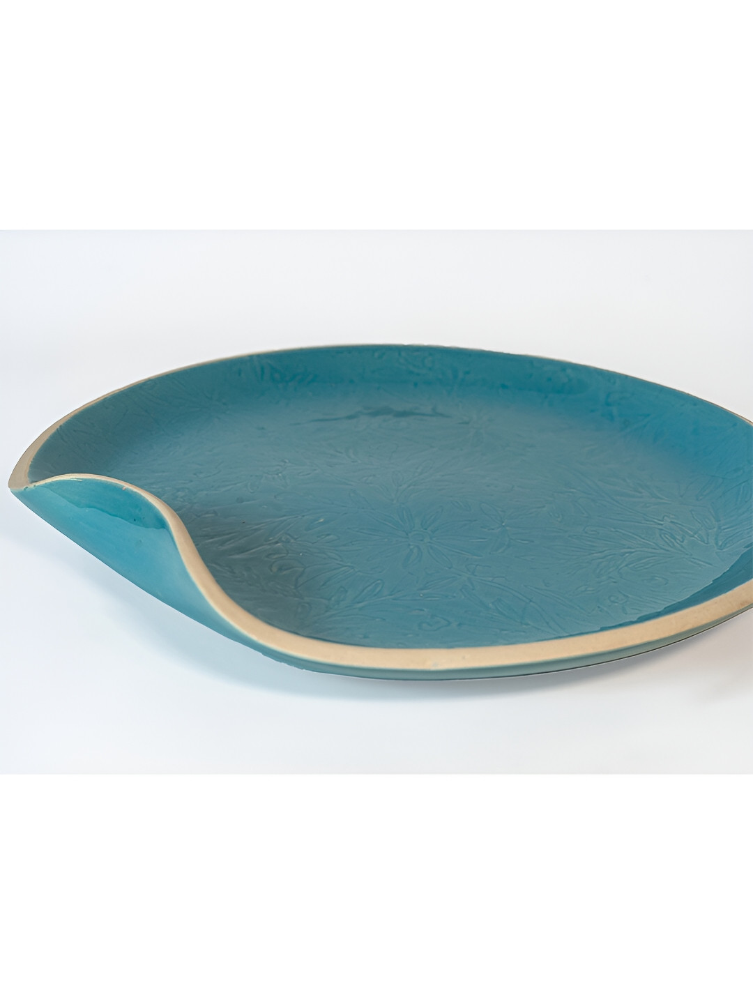 Perenne Design Turquoise Blue & Brown Floral Textured Stoneware Glossy Plate