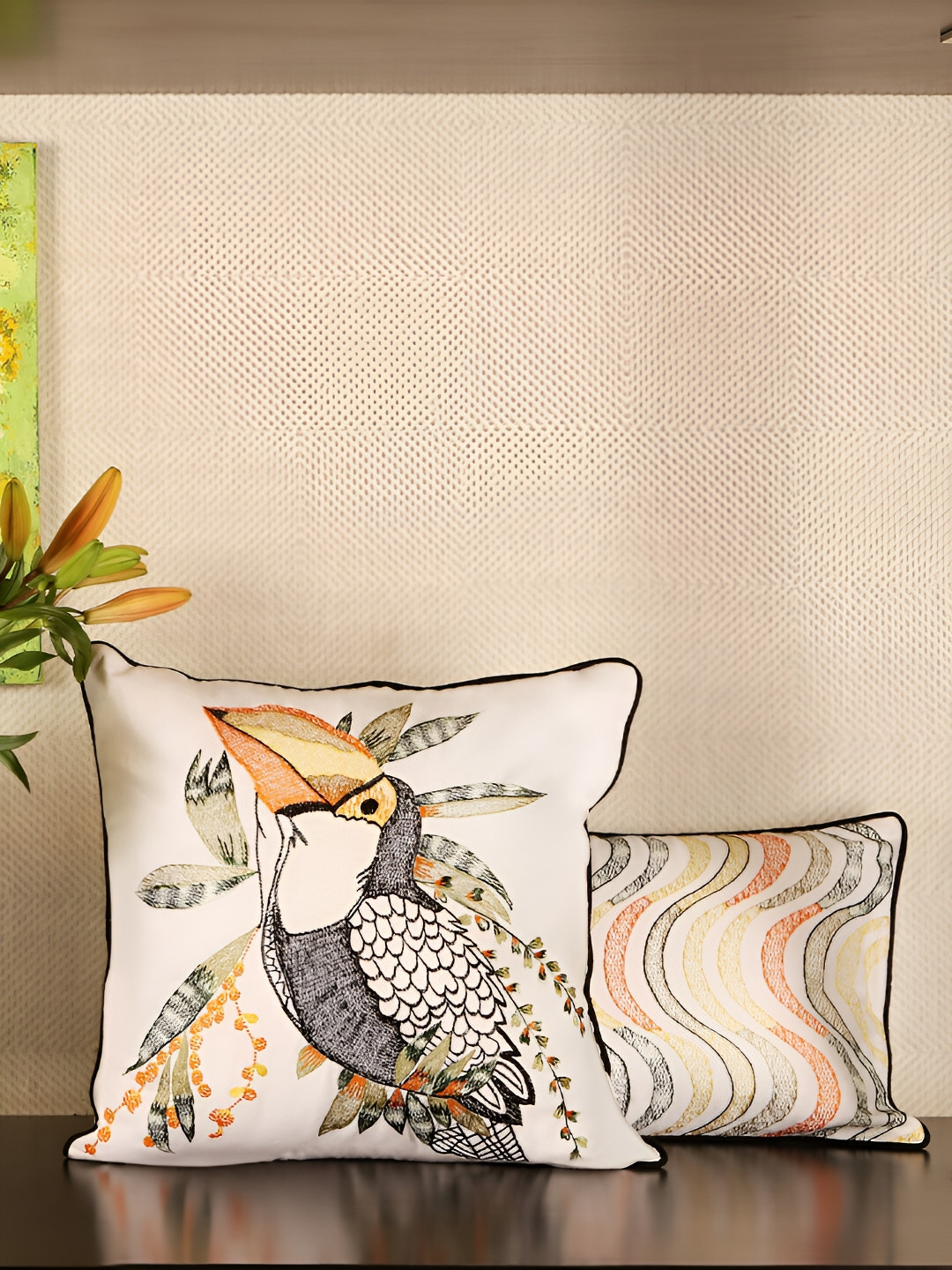 Perenne Design White & Black Self Design Embroidered Cotton Square Cushion Cover