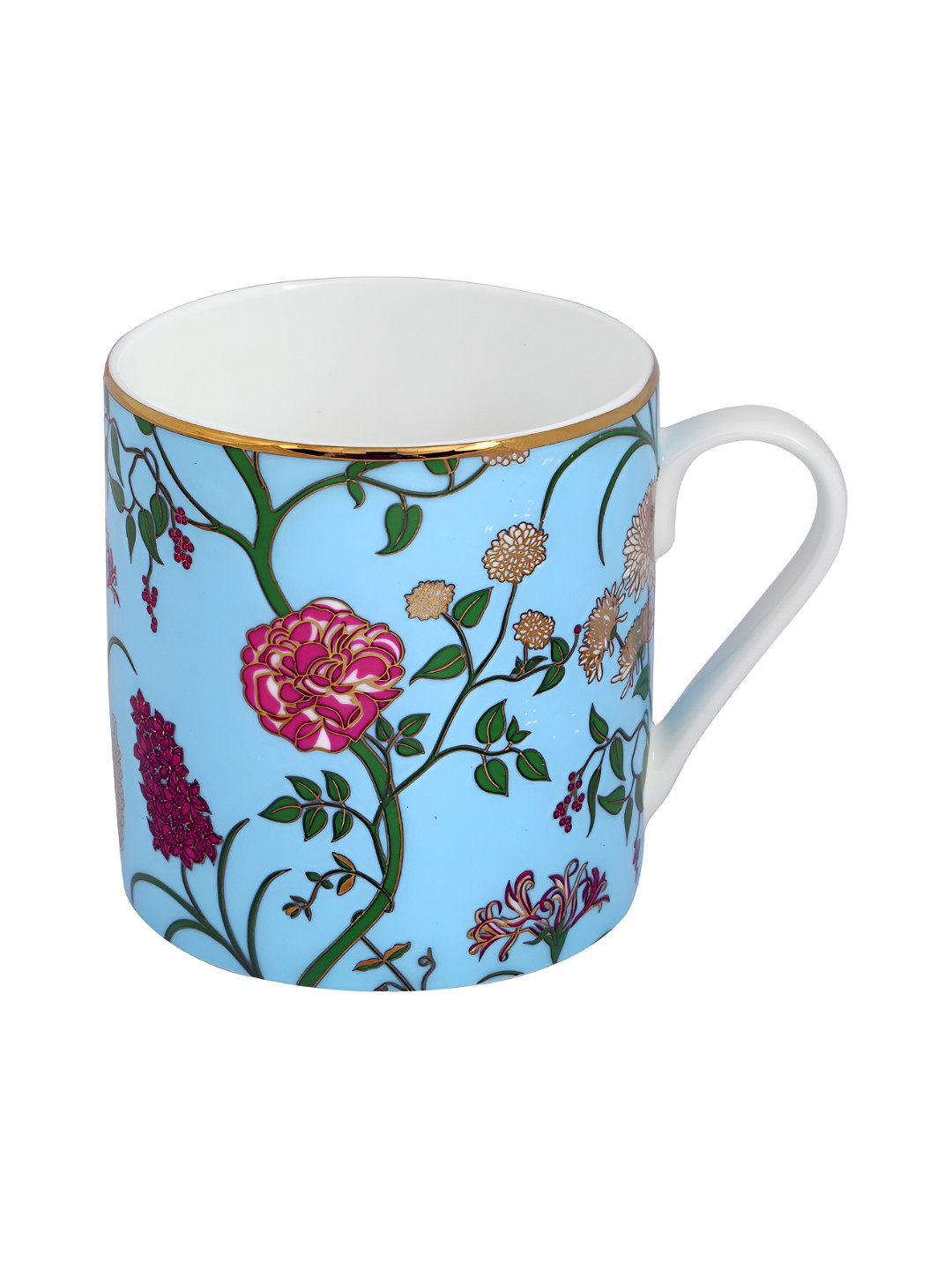 Perenne Design Fluted Turquoise Blue Floral Bone China Handmade Mug-425ml