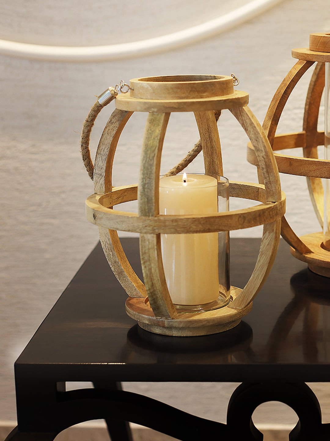 Perenne Design Textured Wooden & Glass Hurricane Lantern Pillar Candle Holder