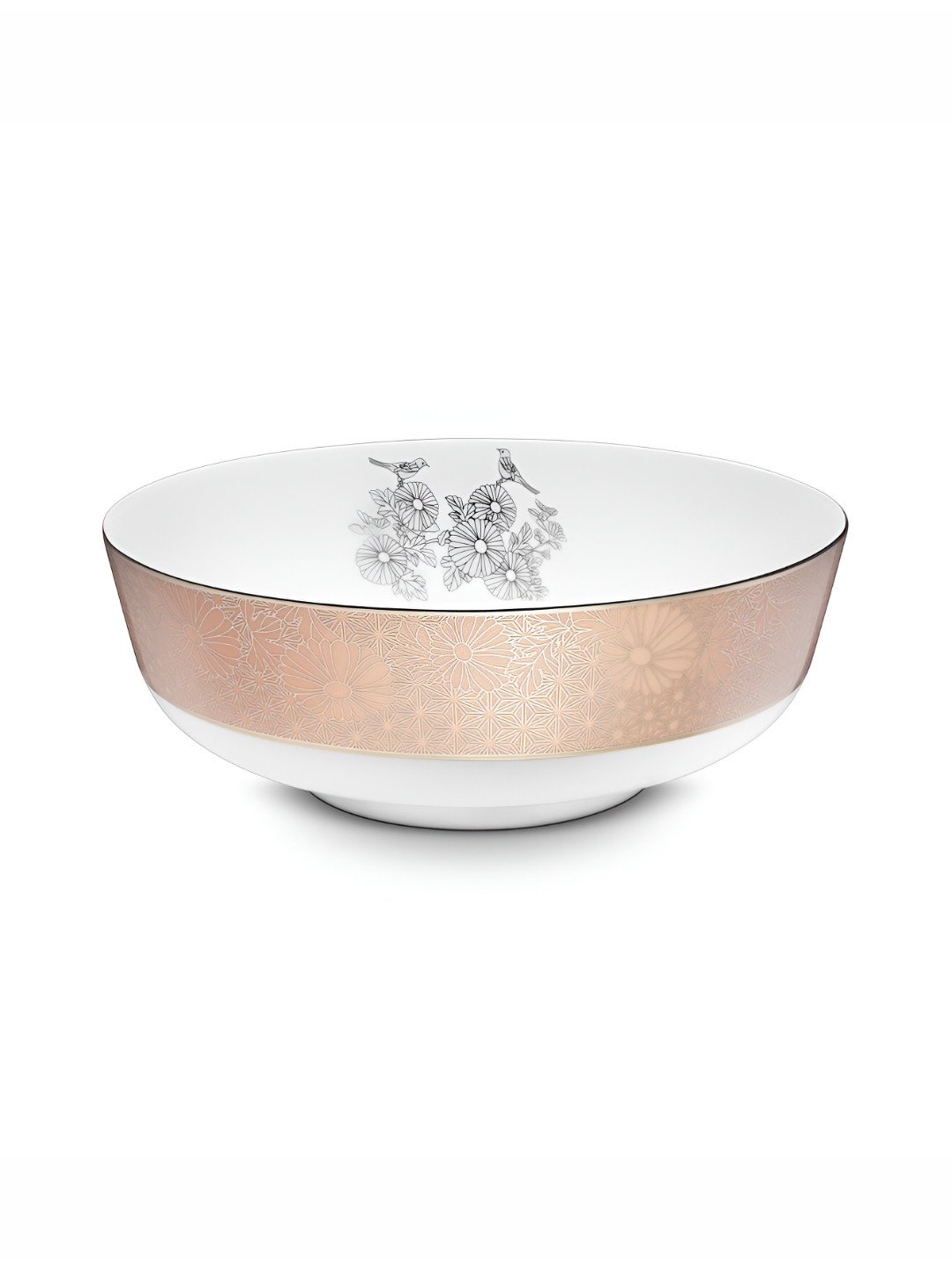 Perenne Design White & Brown Floral Printed Bone China Glossy Bowl