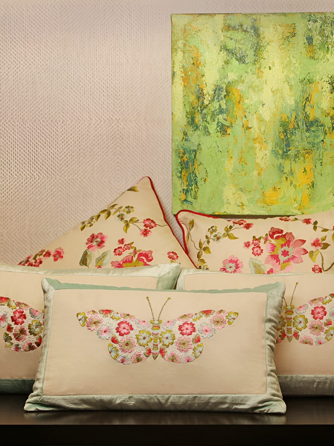 Perenne Design Floral Cotton Breathable 5 Pcs Embroidered Cushion Covers - 12 x 18 Inches