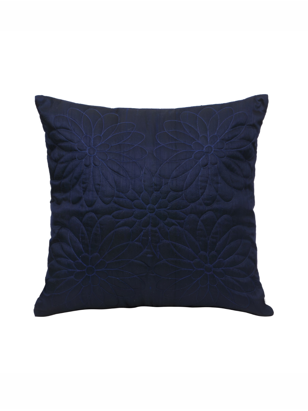Perenne Design Navy Blue Floral Silk Quilted Textured Square Cushion Cover -18x18In