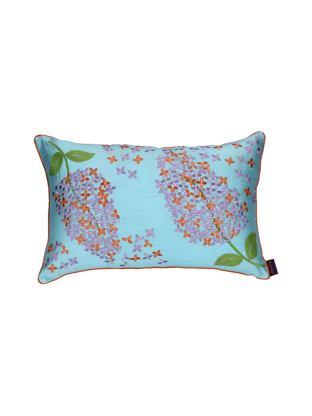 Perenne Design Turquoise Blue & Orange Floral Embroidered Silk Rectangle Cushion Cover