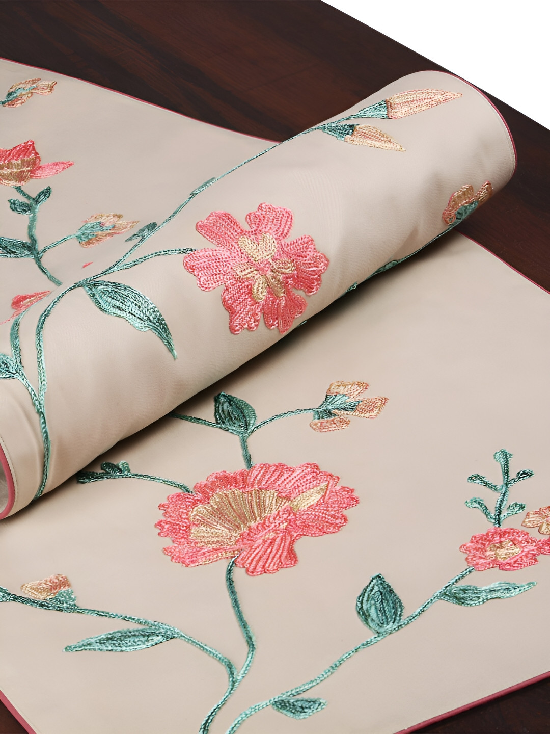 Perenne Design Beige & Pink Floral Embroidered Rectangle Pure Cotton Table Runner