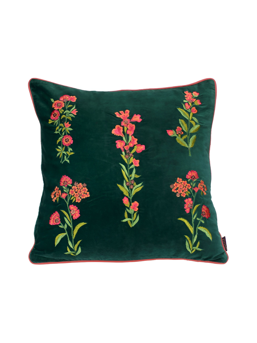 Perenne Design Green & Pink Floral Embroidered Velvet Square Cushion Cover