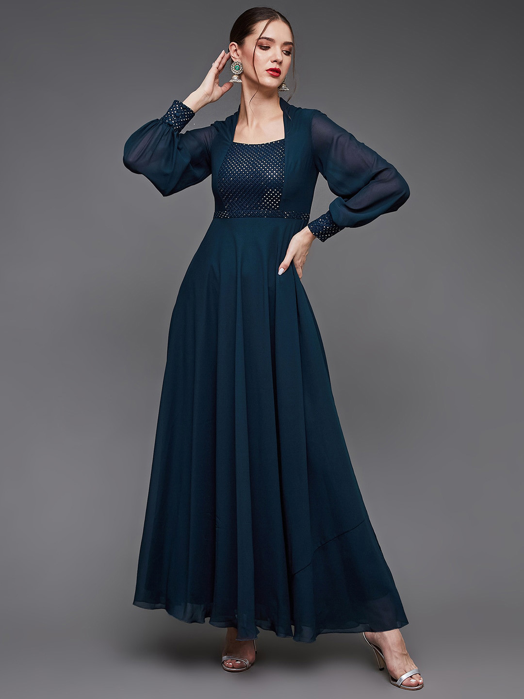 Miss Chase Sequined Square Neck Long Puff Sleeve Georgette Maxi Dress