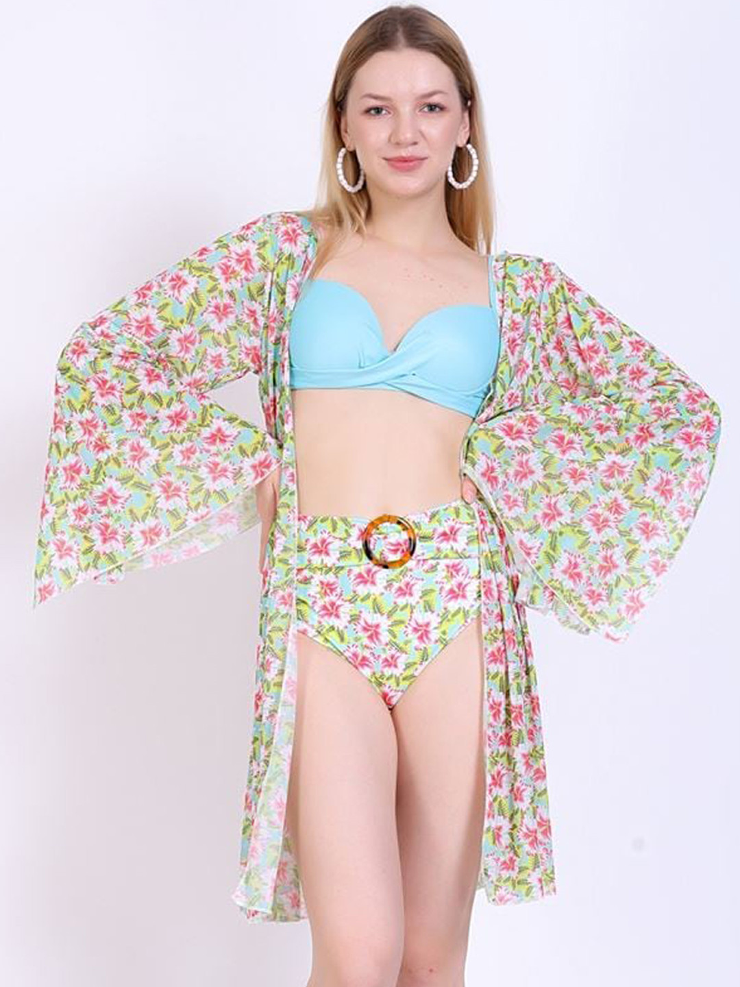 FXM Floral Printed Swimsuit with Robe & High Waist Bikini