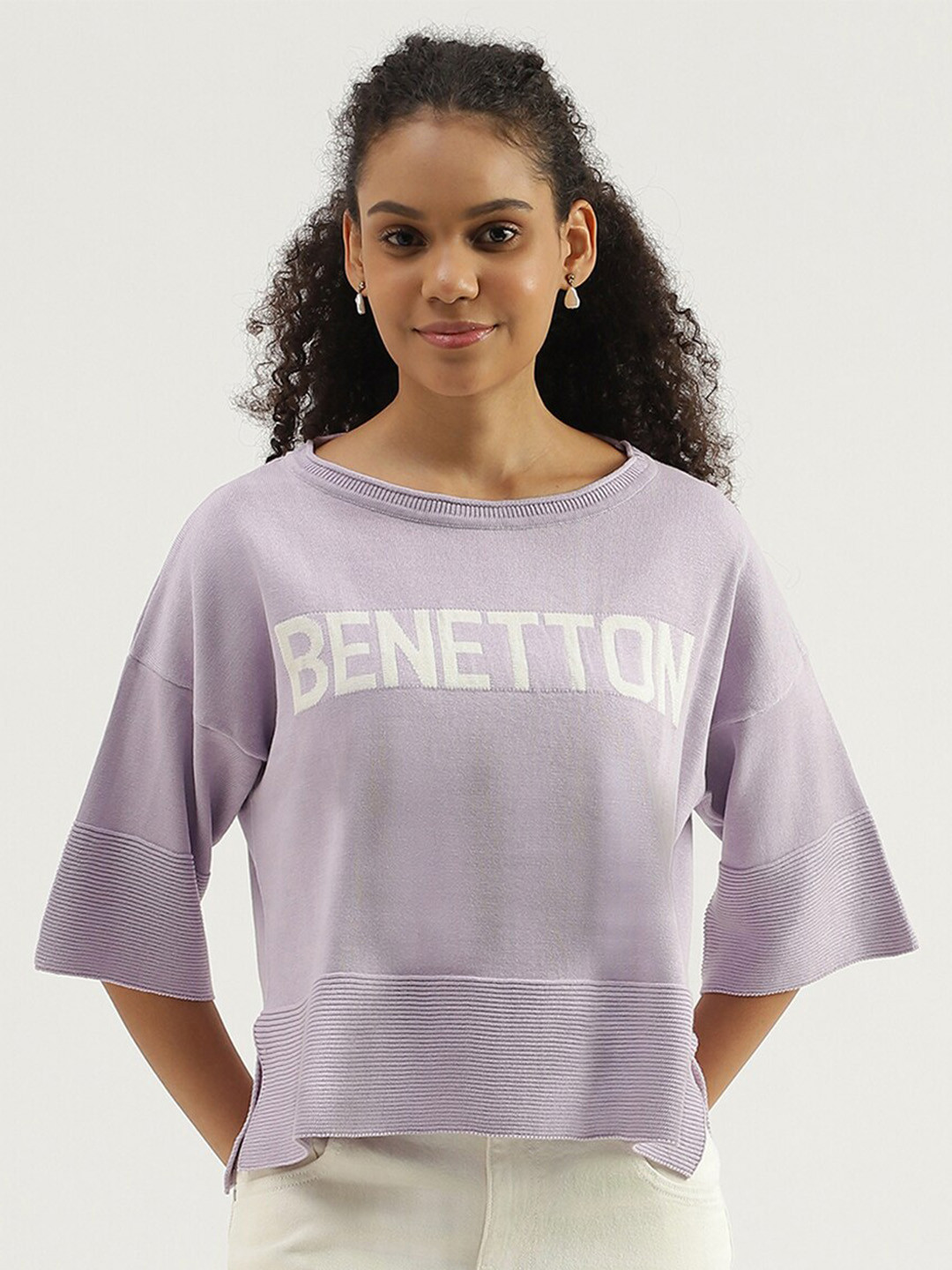 United Colors of Benetton Typography Self Design Drop Shoulder Sleeves Cotton Boxy Top