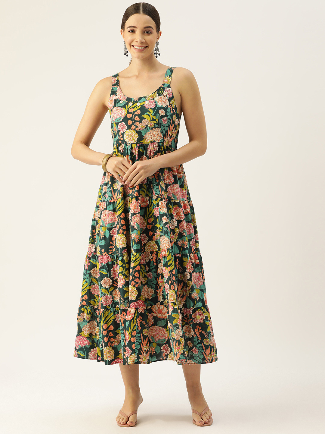 Jaipur Morni Floral Print A-Line Cotton Midi Dress