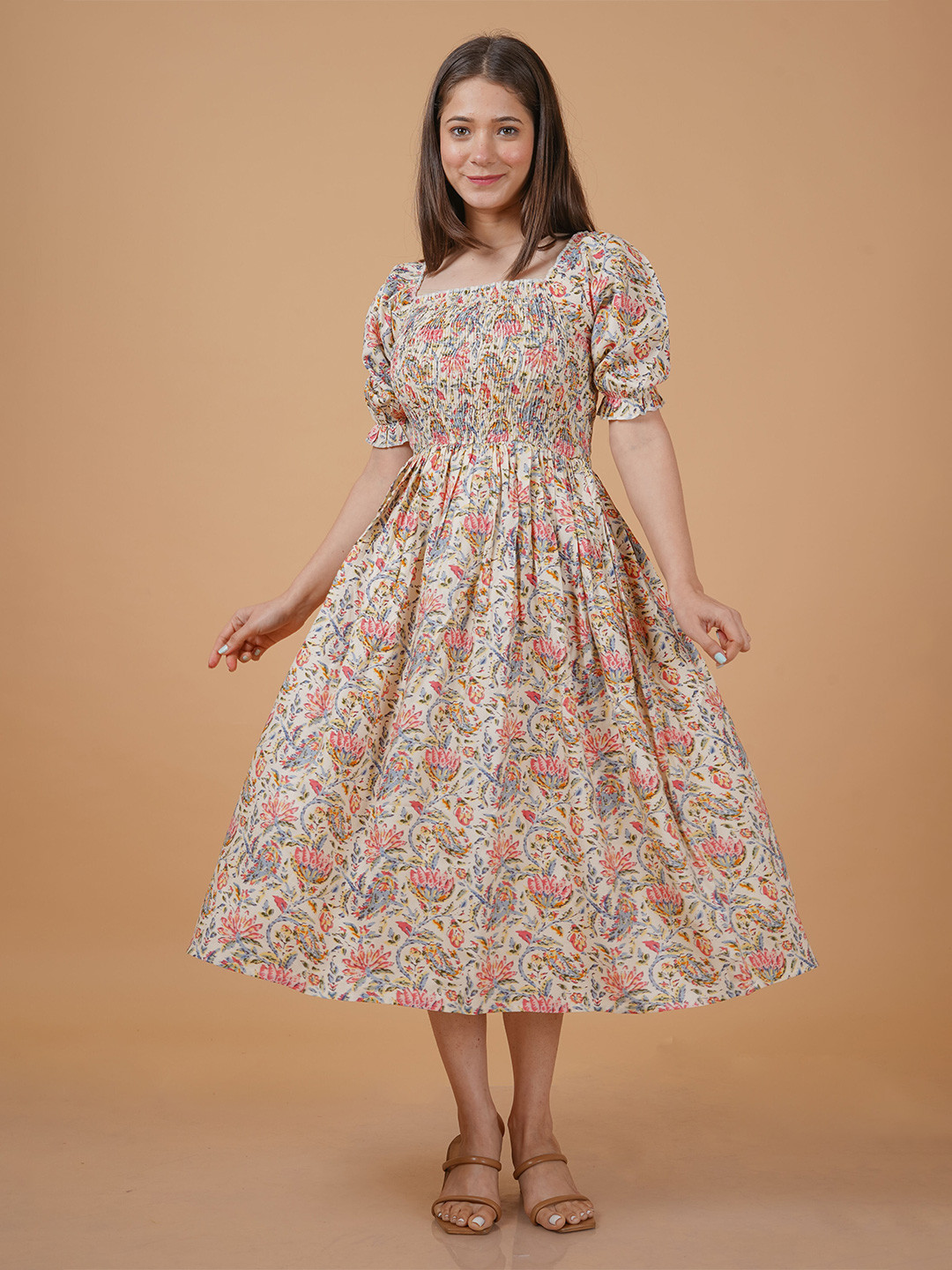 INDIANIC Floral Print Puff Sleeve Fit & Flare Midi Dress