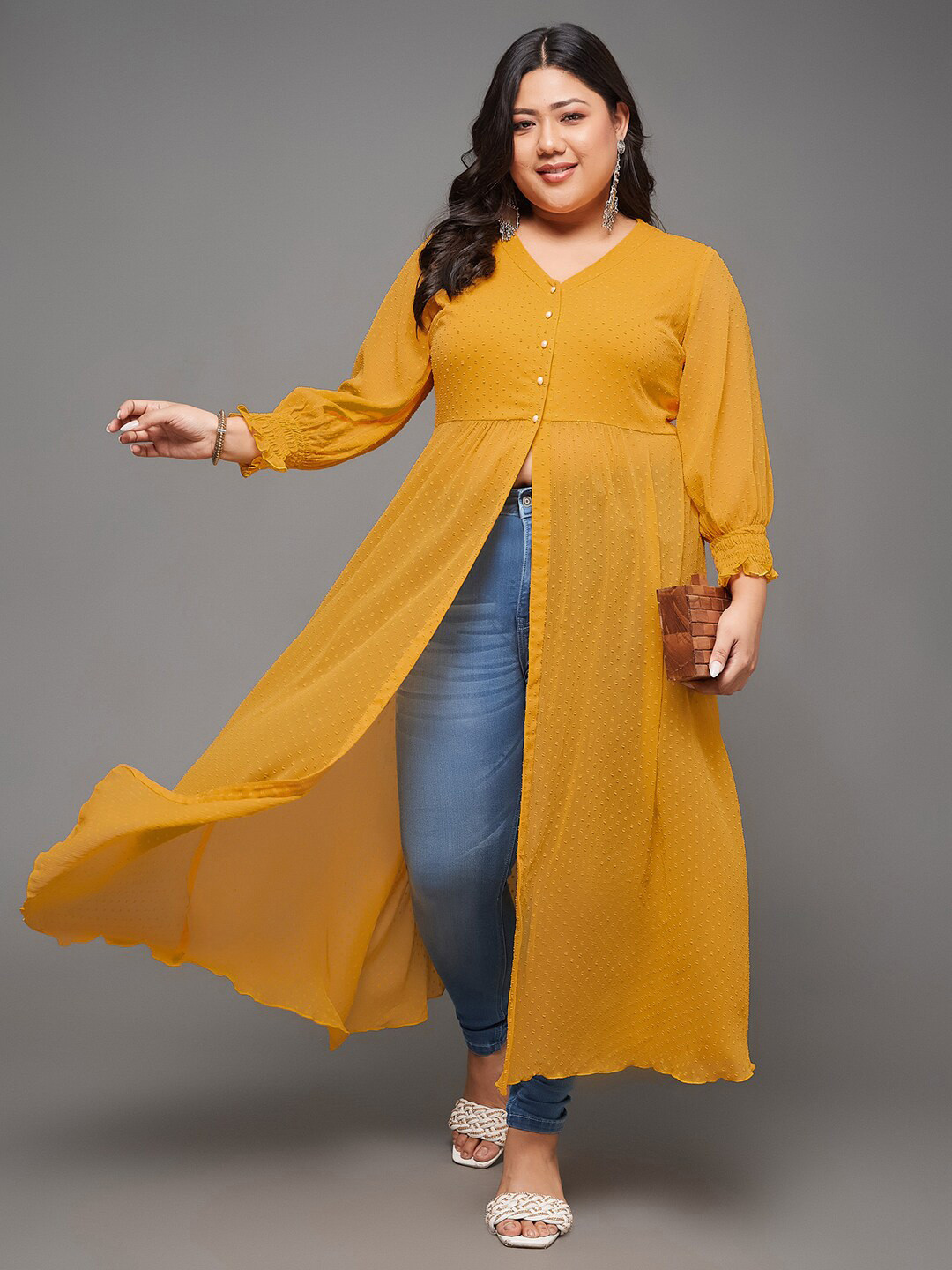 Miss Chase A+ Plus Size Chiffon Empire Longline Top With Smocked Sleeve