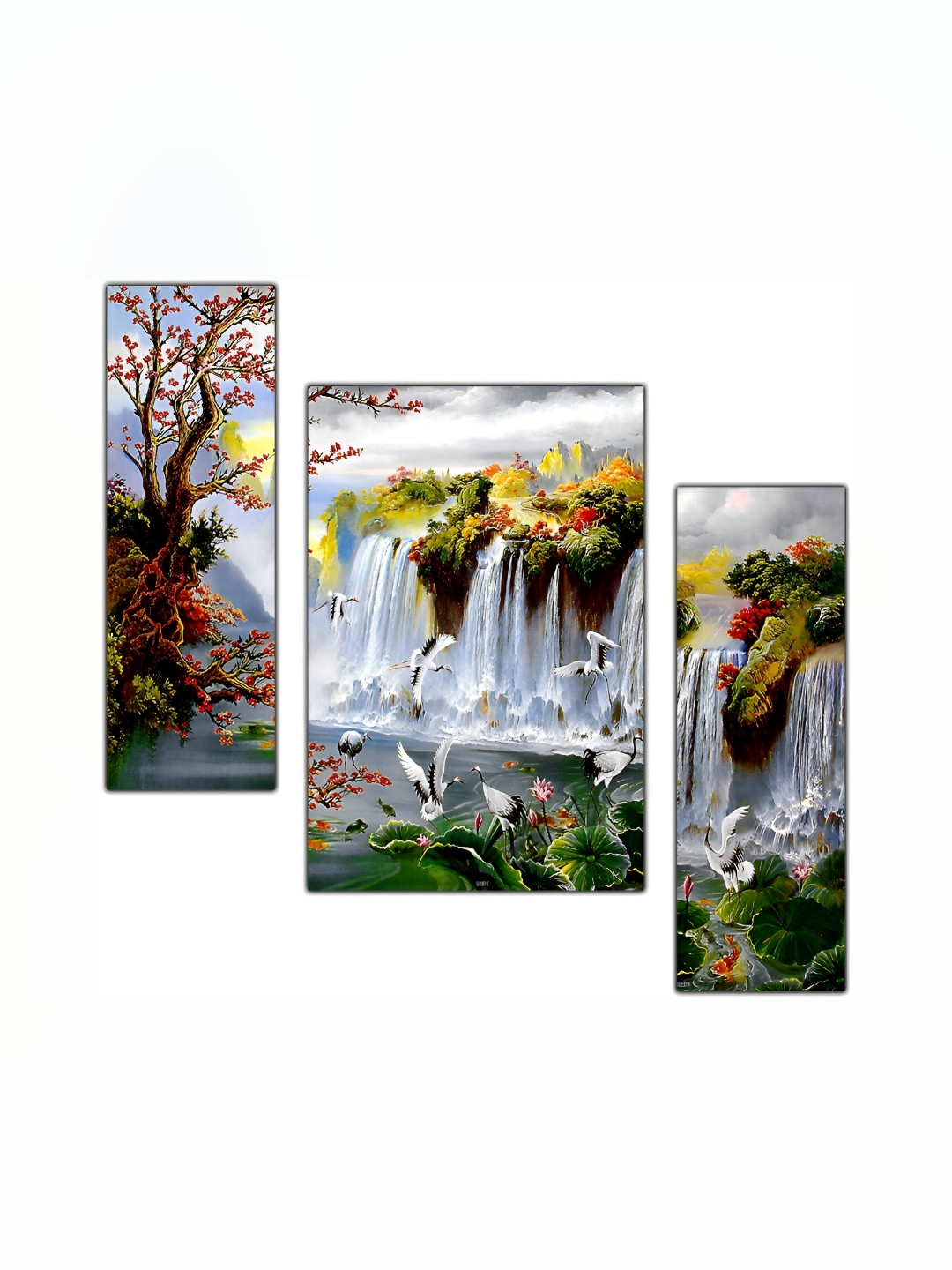 PnF White & Green 3 Piece Wood Floral and Botanical Wall Paintings