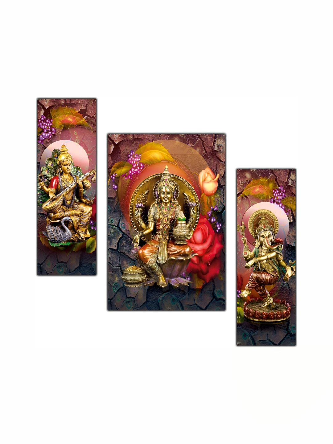 PnF Brown Wood 3 Pcs Wall Living Room Rectangle Potrait Paintings Wall Art