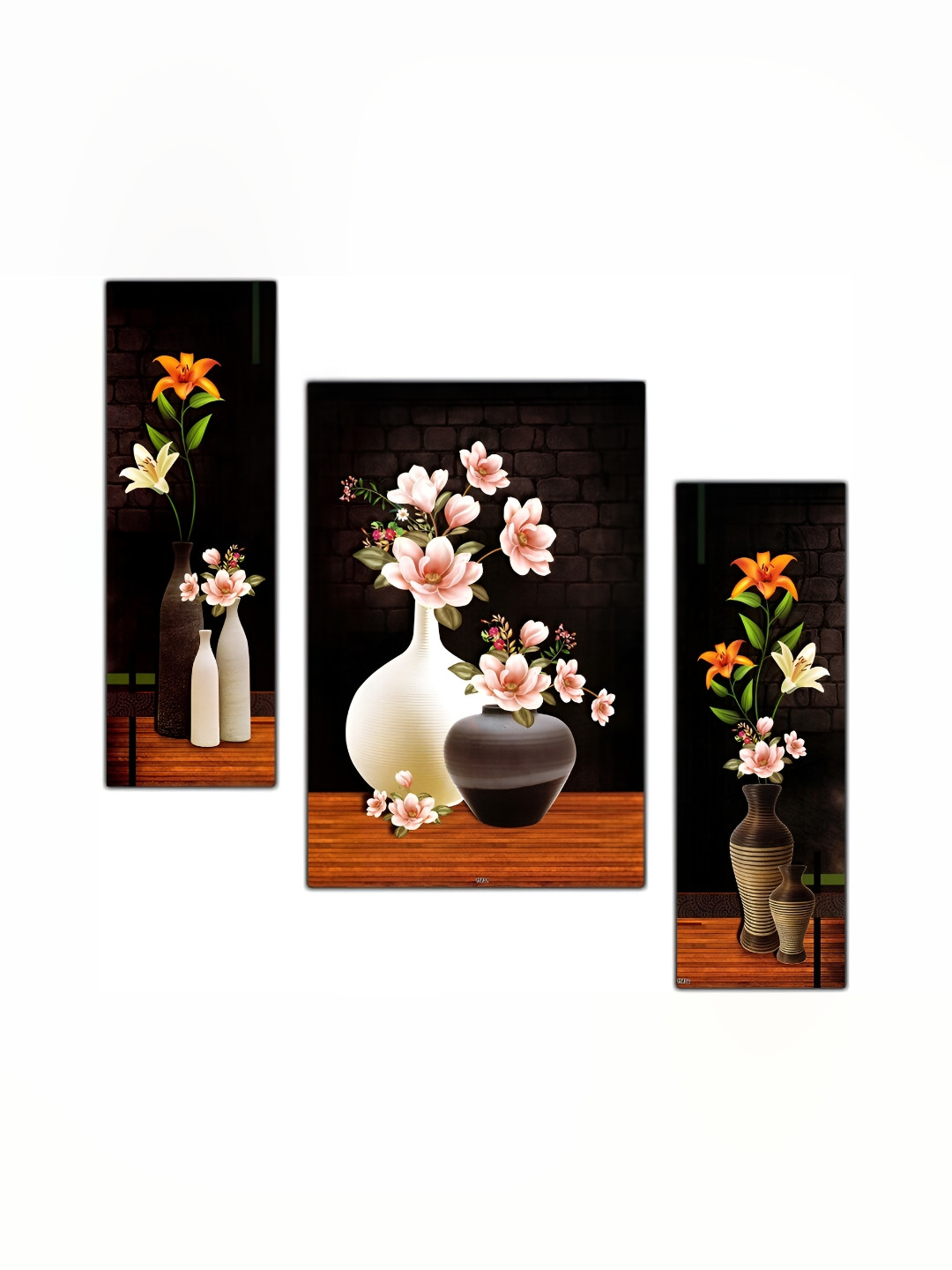 PnF Black & White 3 Piece Wood Floral and Botanical Wall Paintings