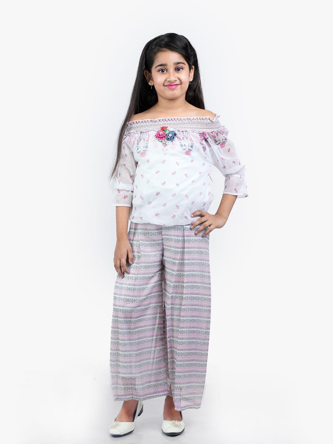 BURBN Girls Floral Printed Off-Shoulder Top with Palazzos