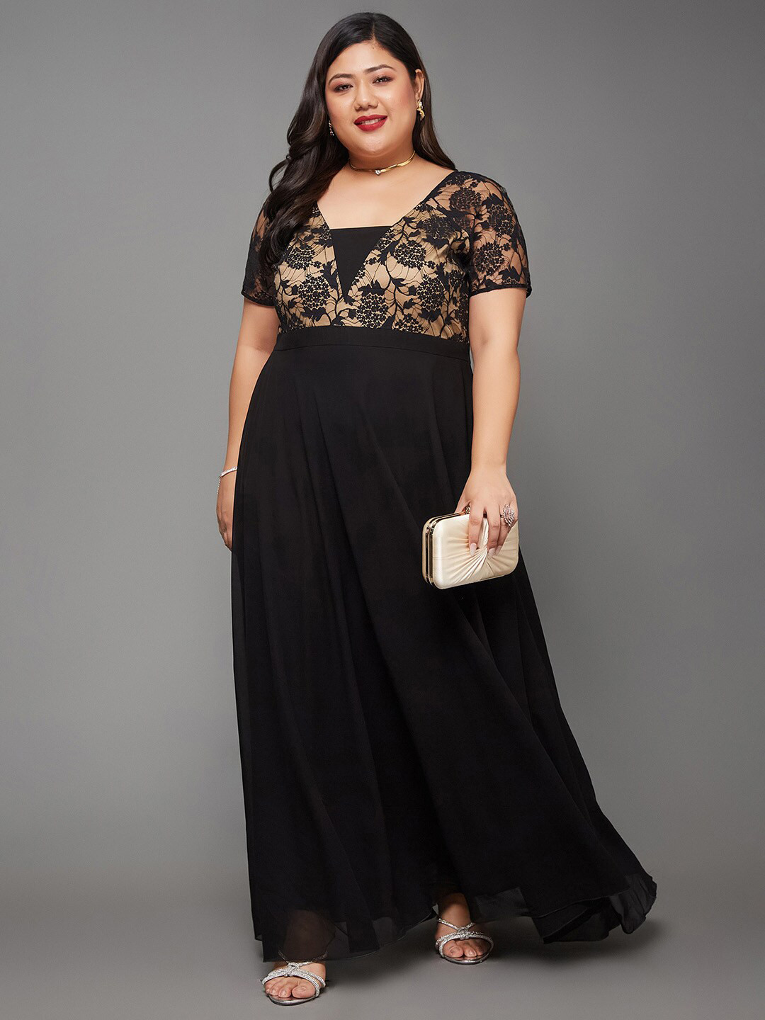 Miss Chase A+ Plus Size Miss Chase Self Design Square Neck Short Sleeves A-Line Maxi Dress