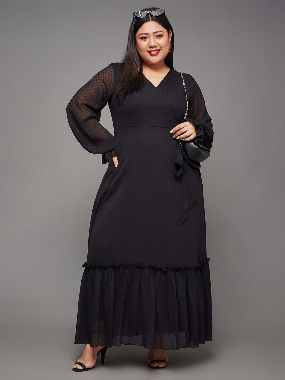 Miss Chase A+ Plus Size Miss Chase Self Design Long Bishop Sleeves Wrap Ruffled Maxi Dress