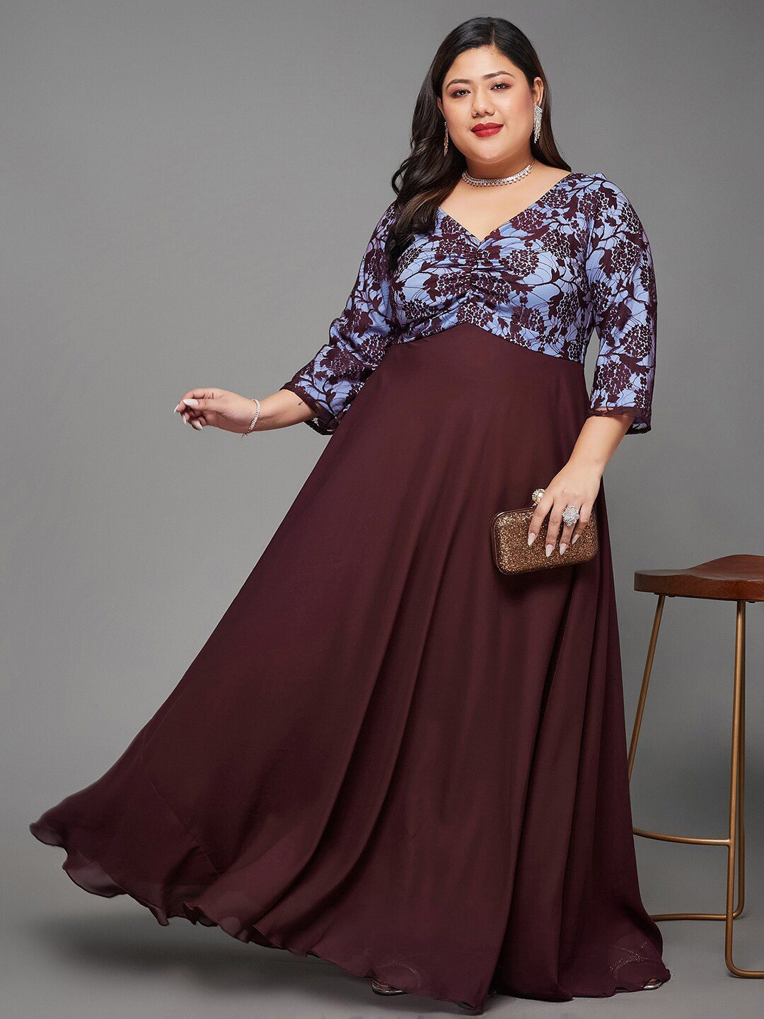 Miss Chase A+ Plus Size Self Design V-Neck A-Line Maxi Dress with Ruching