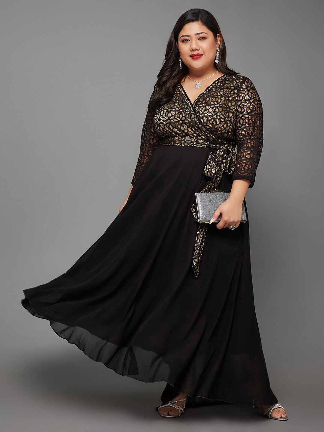 Miss Chase A+ Plus Size Floral Embellished Georgette V-Neck Flared Wrap Maxi Dress