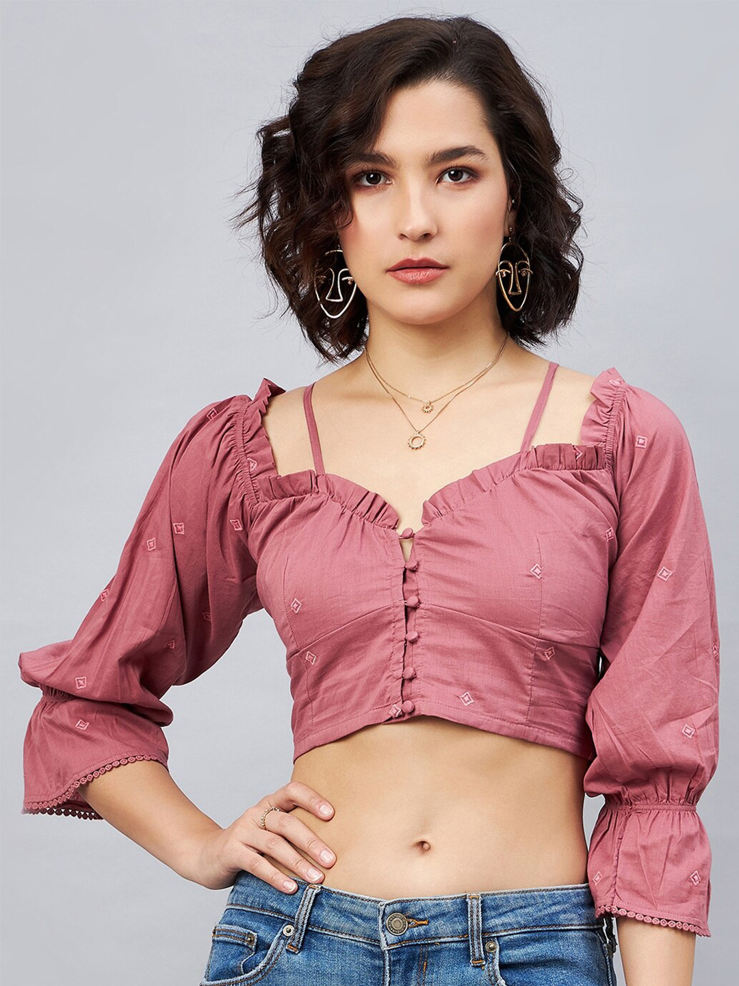 Orchid Blues Geometric Embroidered Sweetheart Neck Puff Sleeves Cotton Crop Top