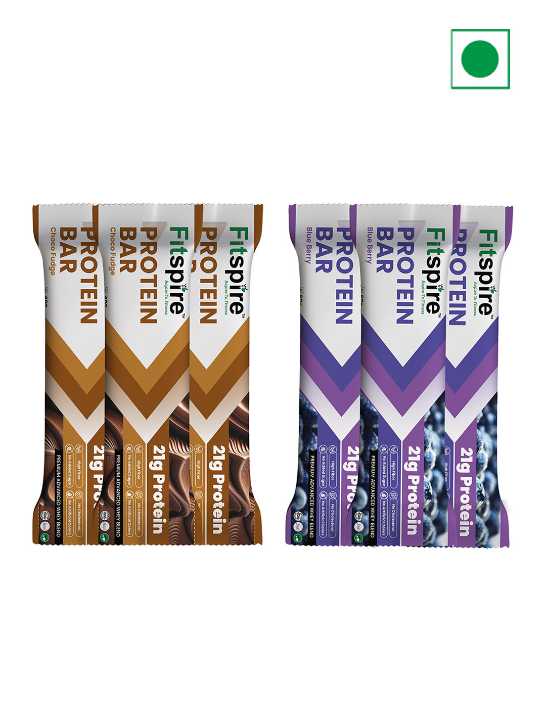 FITSPIRE Pack of 6 Blueberry & Choco Protein Bar -21g Each