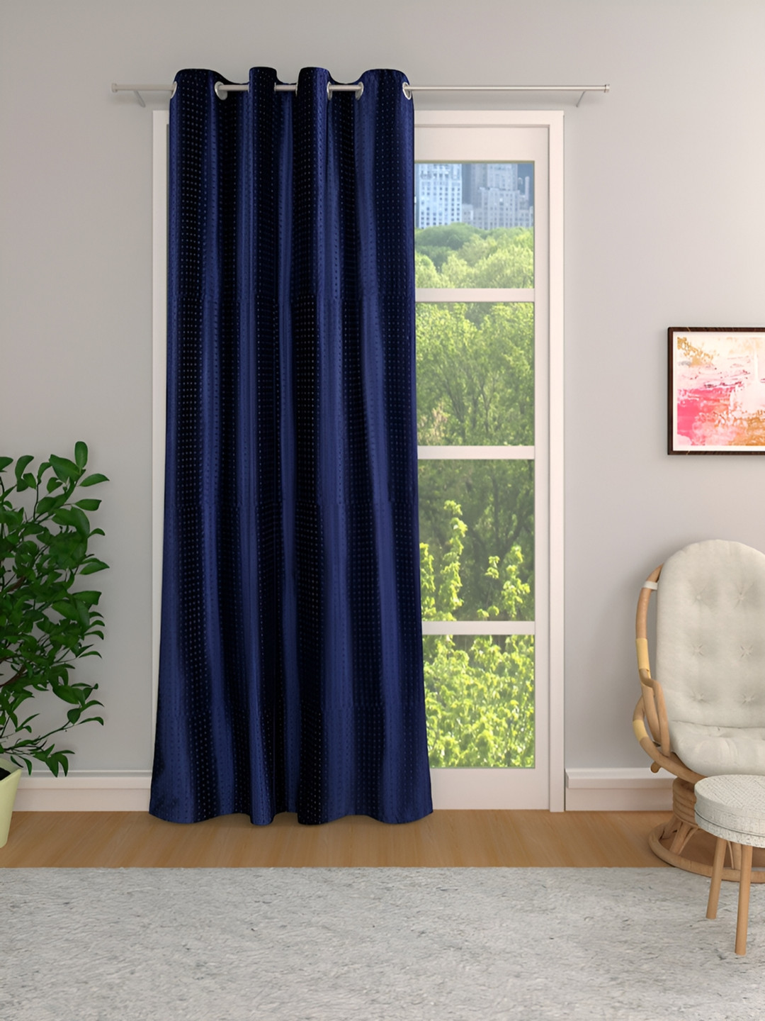 Aura Blue Self Design Room Darkening Door Curtain