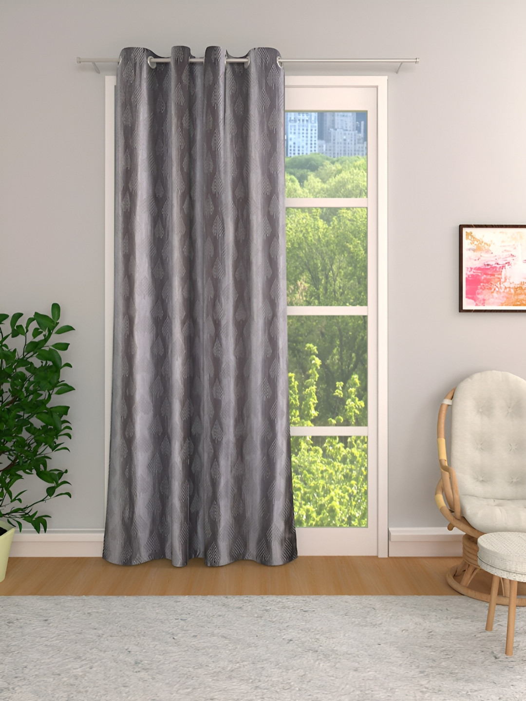 Aura Grey Self Design Room Darkening Door Curtain