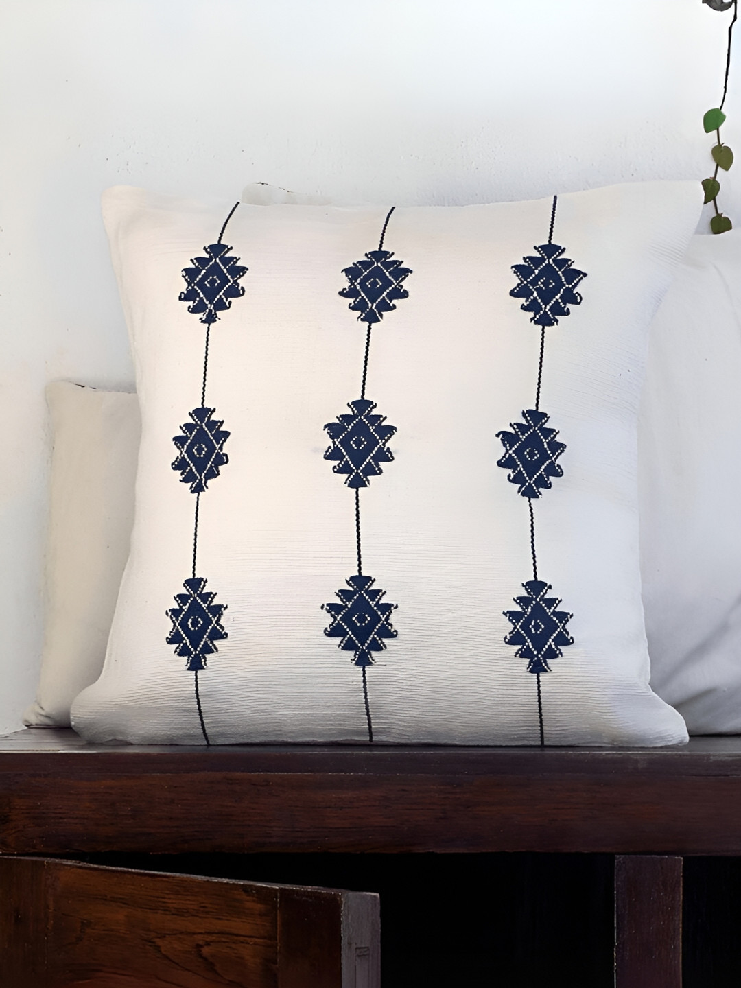 Peepul Tree Blue Ethnic Motifs Cotton Washable Embroidered Square Cushion Cover -16x16In