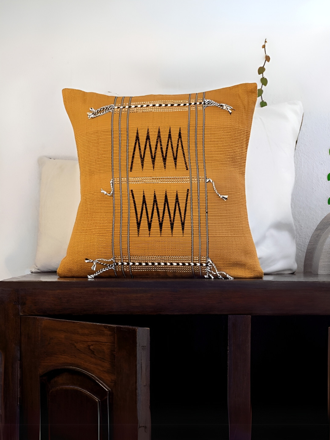Peepul Tree Mustard & Red Geometric Square Cotton Cushion Covers