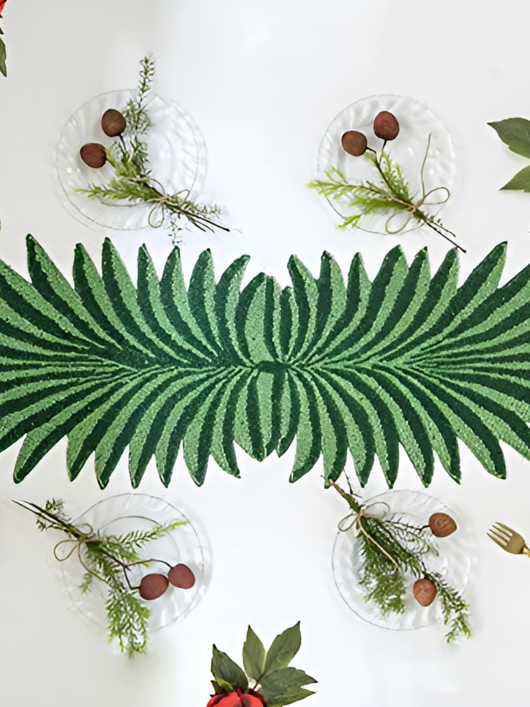 YWULY Green Beads Embellished Leaf Shape Dining Table Runner