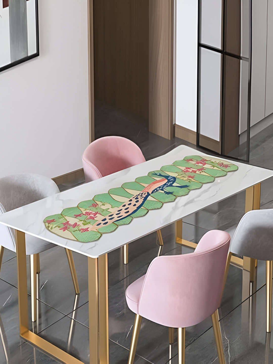 YWULY Green & Blue Beads Embellished Dining Table Runner